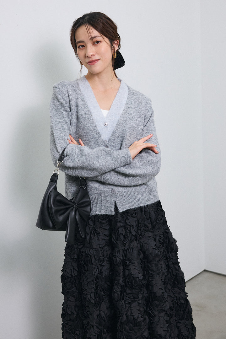 [予約/SET]配色レイヤードニットカーデ+ローズフラワー立体フレアスカート(2set)
