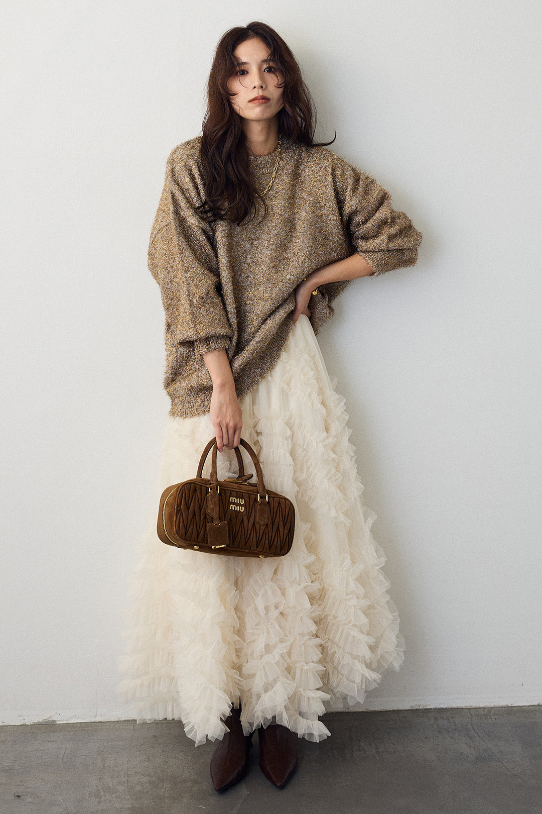 [予約/SET]グリッターラメニット+スフレアシメチュールスカート(2set)