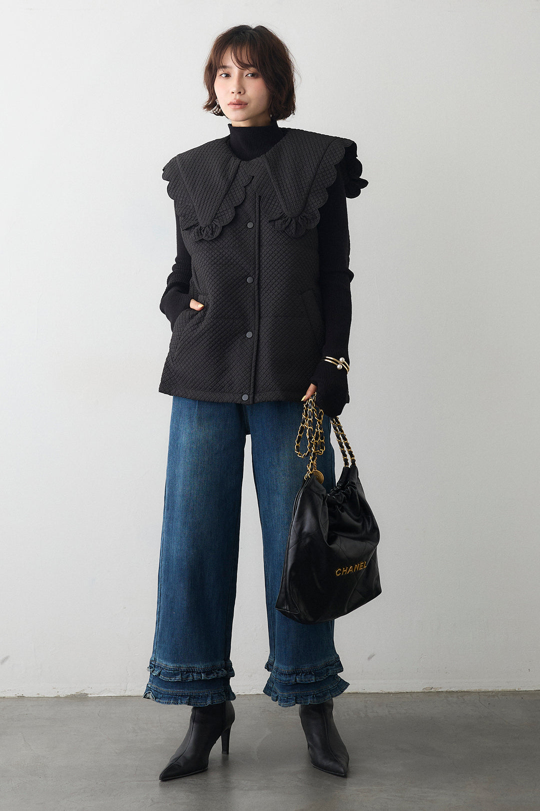 [予約/SET]ベーシックフィンガーホールリブニット+スカラップBIGカラーベスト(2set)