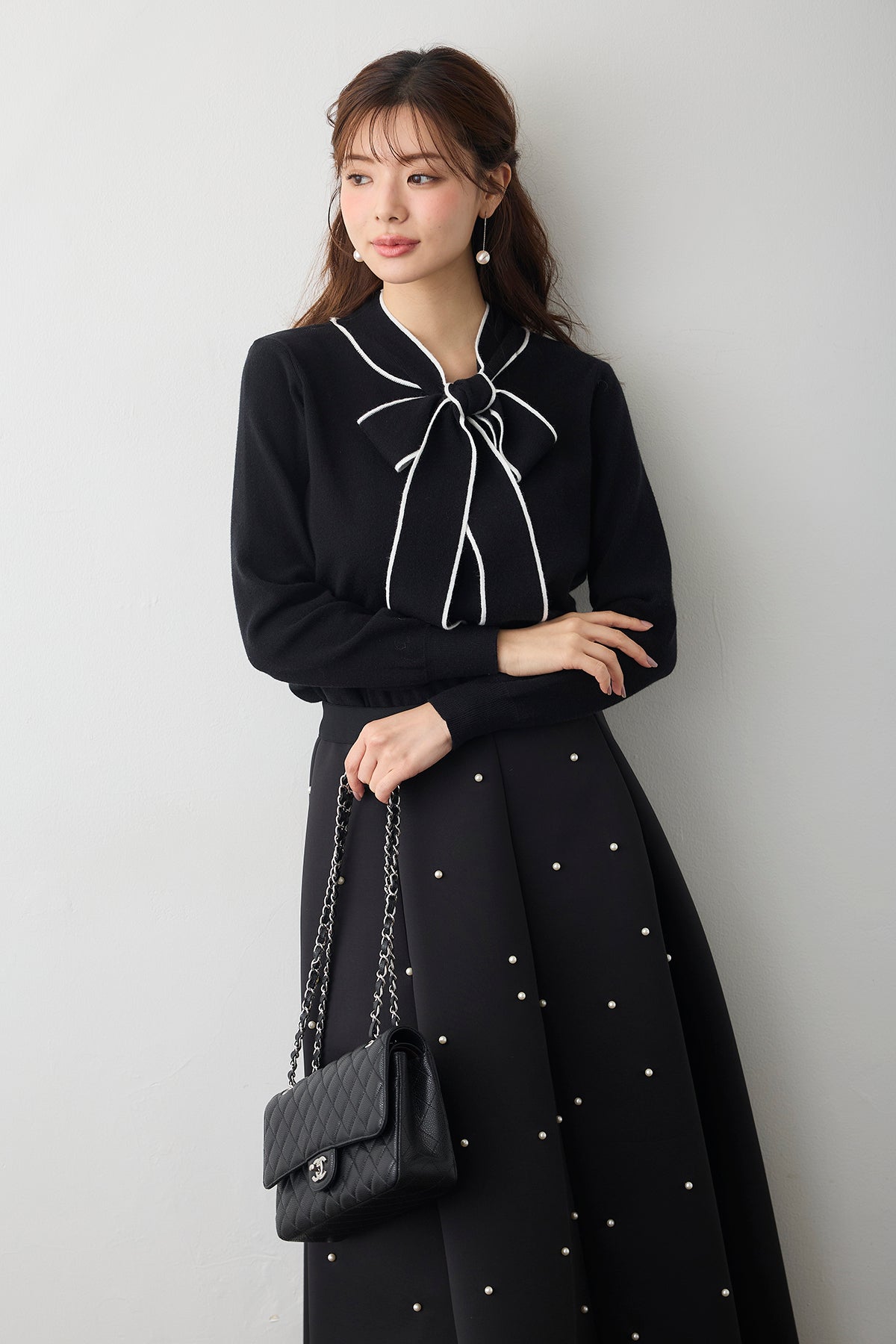 【3点SET】フレアシアートップ+タイリボンテーラードジレ+フロントスリットPT 6ボタンテーラードジレ【紺ジレ】【セットアップ着用可】 (AGL4532-C