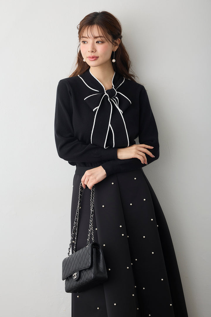 [予約/SET]配色ボウタイリボンニット+マルチパターンボンディングフレアスカート(2set)