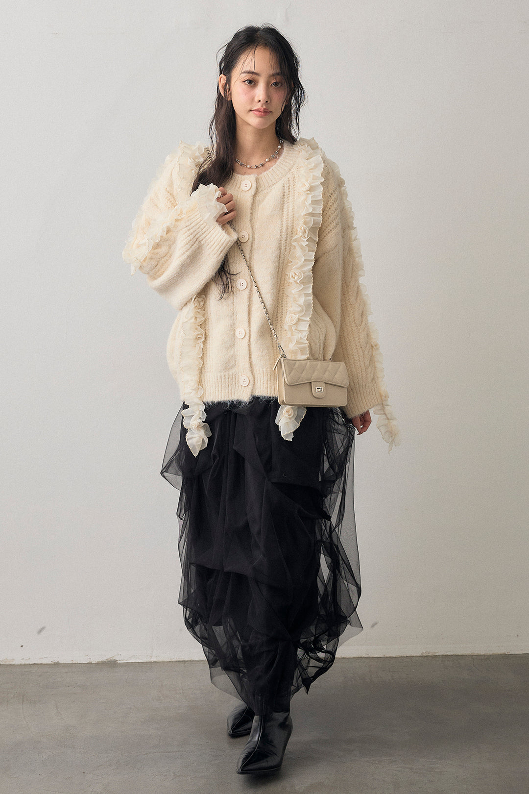 [予約/SET]フリルローズドッキングニットカーデ+マルチパターンタックチュールスカート(2set)