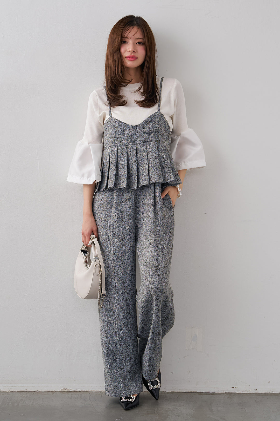 [予約/SET]タックフレア異素材ドッキングニットPO+プリーツビスチェオールインワン(2set)