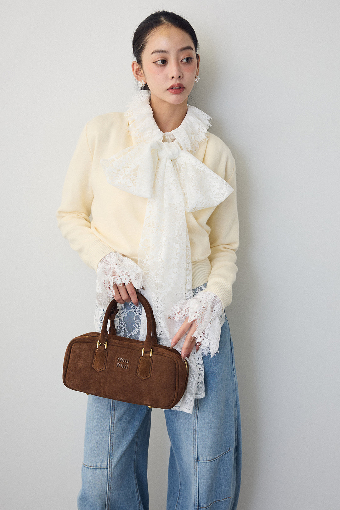 [予約/SET]クラシカルレースボウタイブラウス+カシュクールデザインニット(2set)