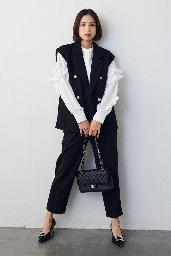 [予約/SET]スタンドカラーラッフルフリルスリーブブラウス+バックリボンテーラーベスト+ウォームセンタープレス美ラインテーパードパンツ(3set)