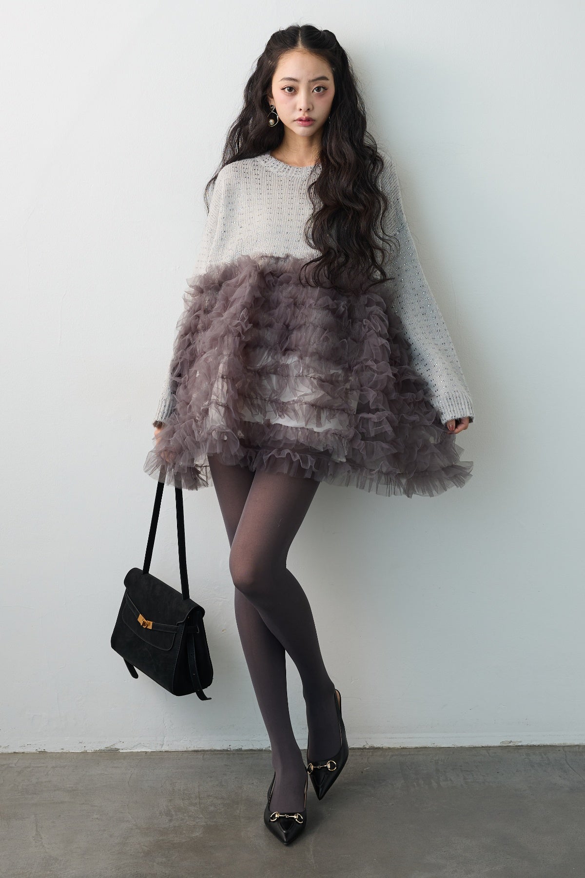 予約]ホイップチュールスパンコールニットドッキングチュニック – Frene