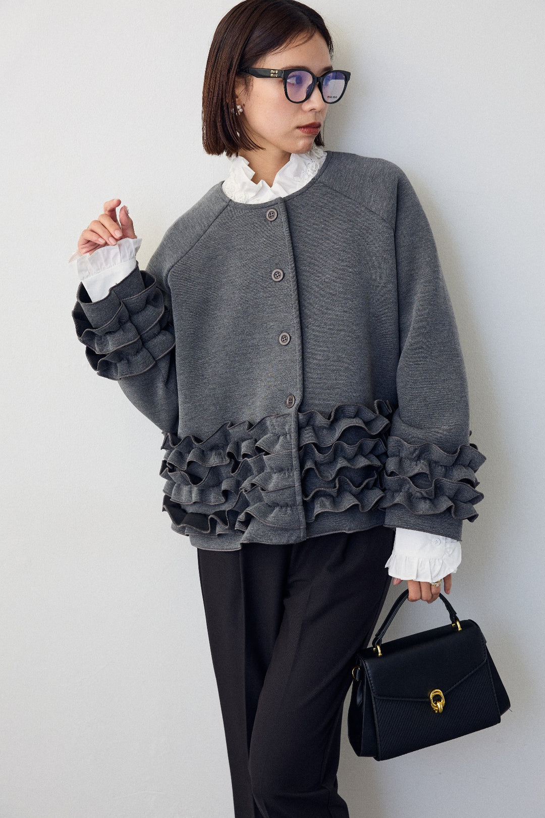 [予約/SET]フリルティアードボンディングクロップドコート+タックテーパードパンツ(2set)