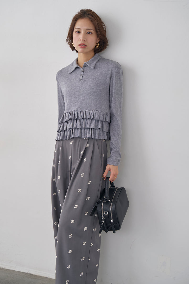 [予約/SET]フリルヘムポロカラープルオーバー+フラワー刺繍ツイルストレートパンツ(2set)