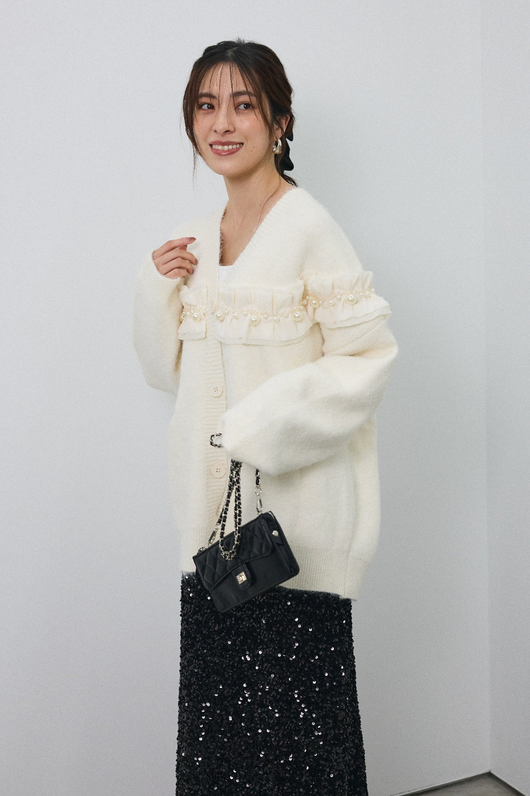 [予約/SET]フリルパールドッキングニットコーディガン+スパンコールシャイニースカート(2set)