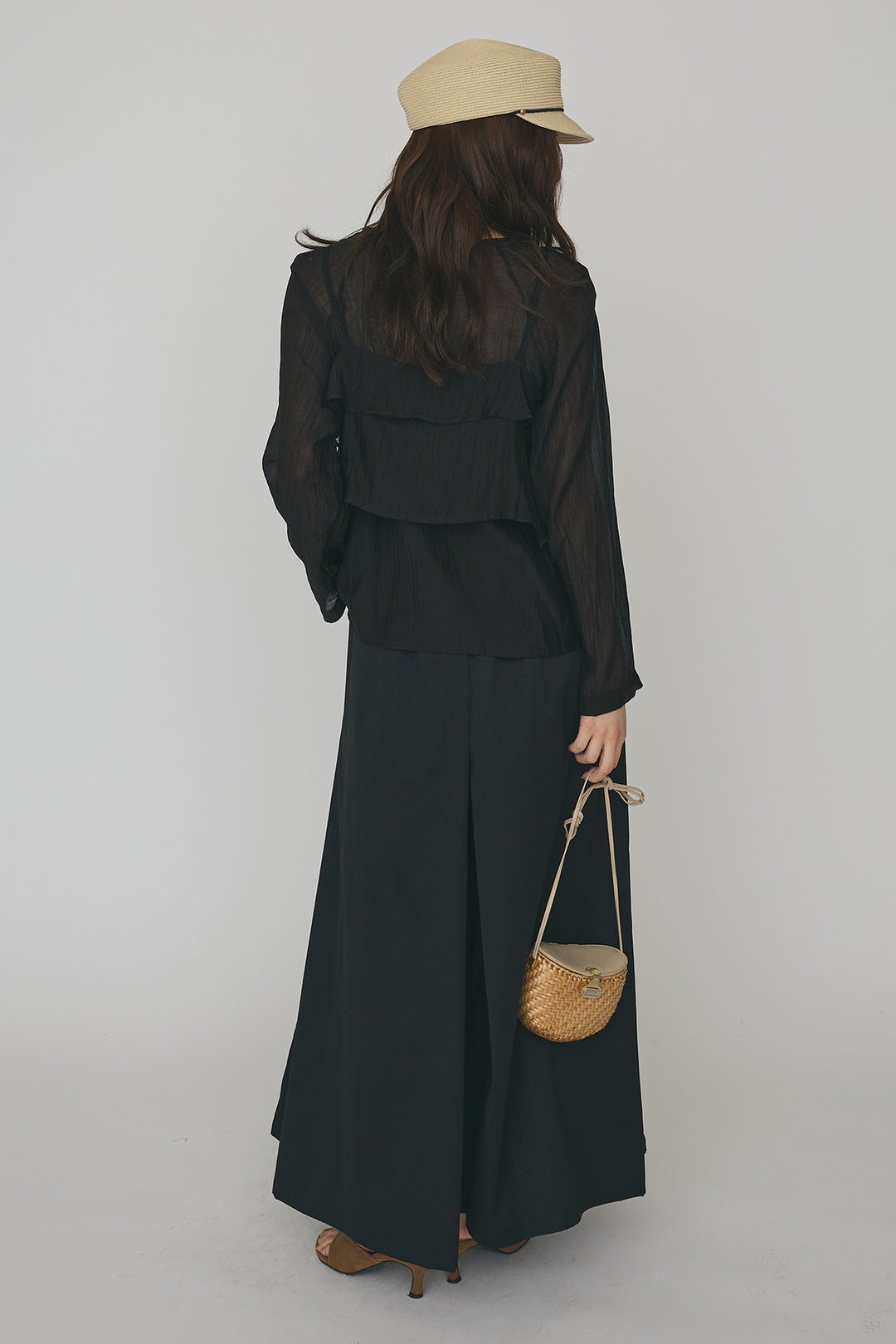 [予約/SET]ドレープフリルシアーレーヤードトップス+フロントサイドタックワイドパンツ(2set)