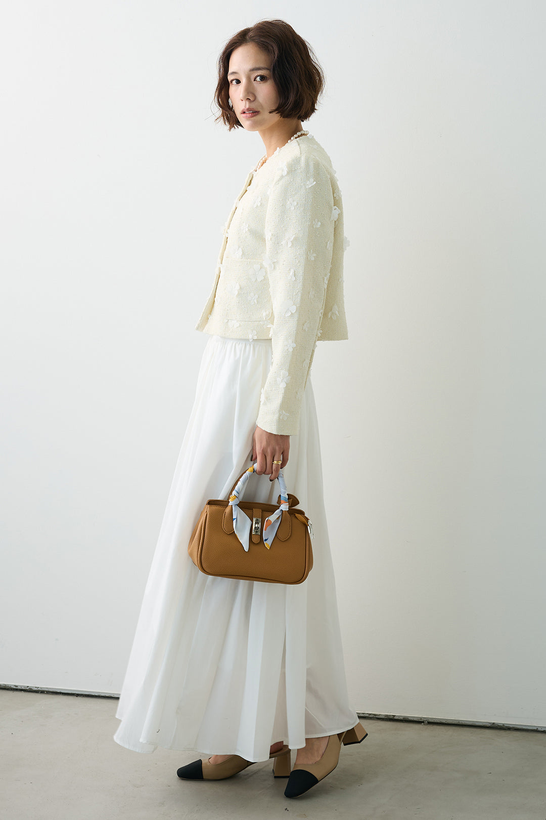 [予約/SET]フラワーモチーフツイードジャケット+ギャザーフレア綿タッチスカート(2set)