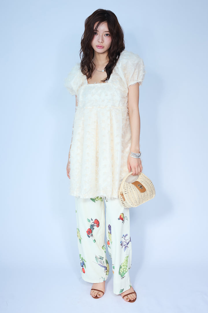 [予約/SET]フラワージャカードパフスリーブチュニック+フルーツパターンストレートパンツ(2set)