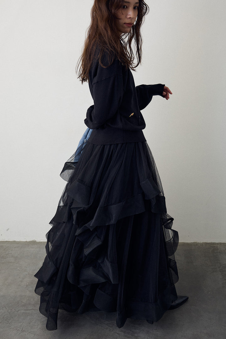 [予約/SET]フルーツフラワー刺繍ニットカーデ+ランダムフリルティアードボリュームスカート(2set)