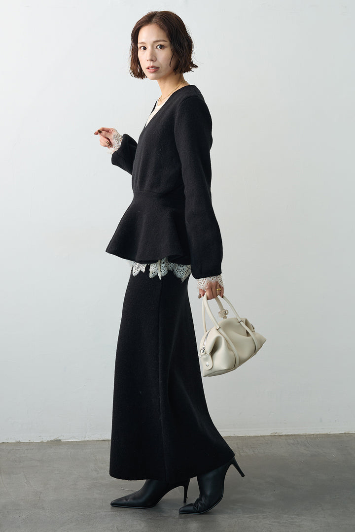 [予約/SET]ファインレーストップス+カシュクールフレアニットスカートセットアップ(2set)