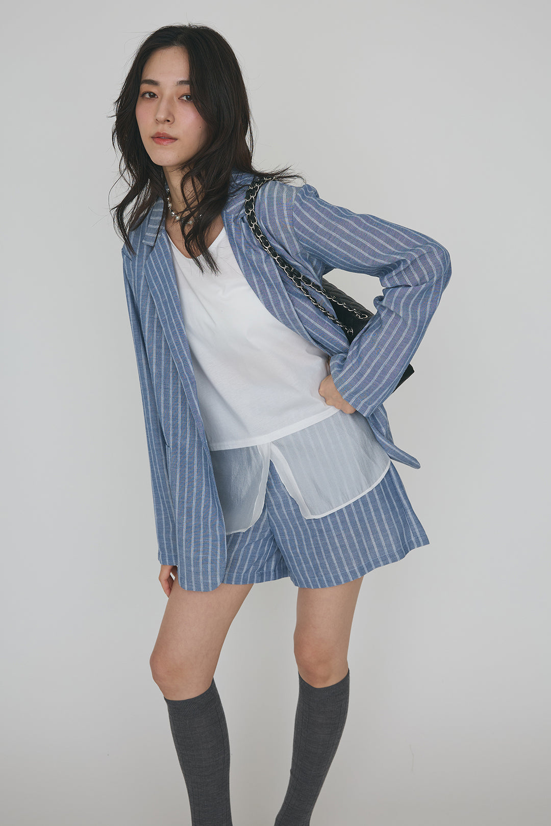 [予約/SET]ドライタッチオーガンジー切替タンクトップ+ストライプライトジャケットセットアップ(2set)