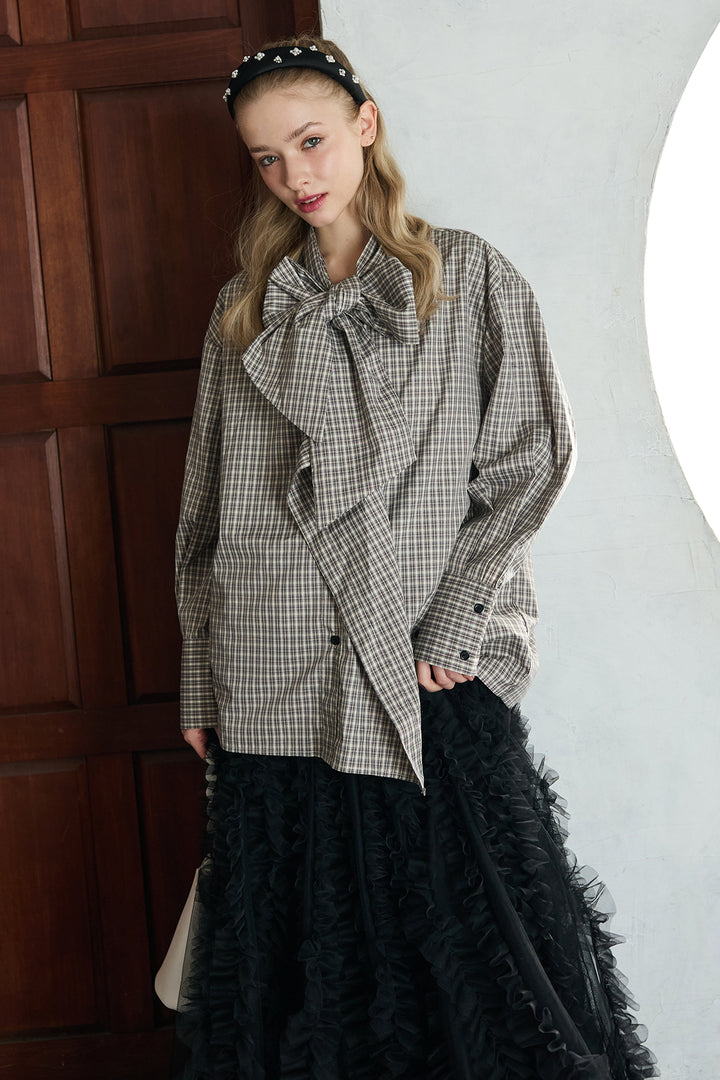 [予約/SET]マルチパターンボウタイアシメシャツ+Iラインホイップチュールスカート(2set)