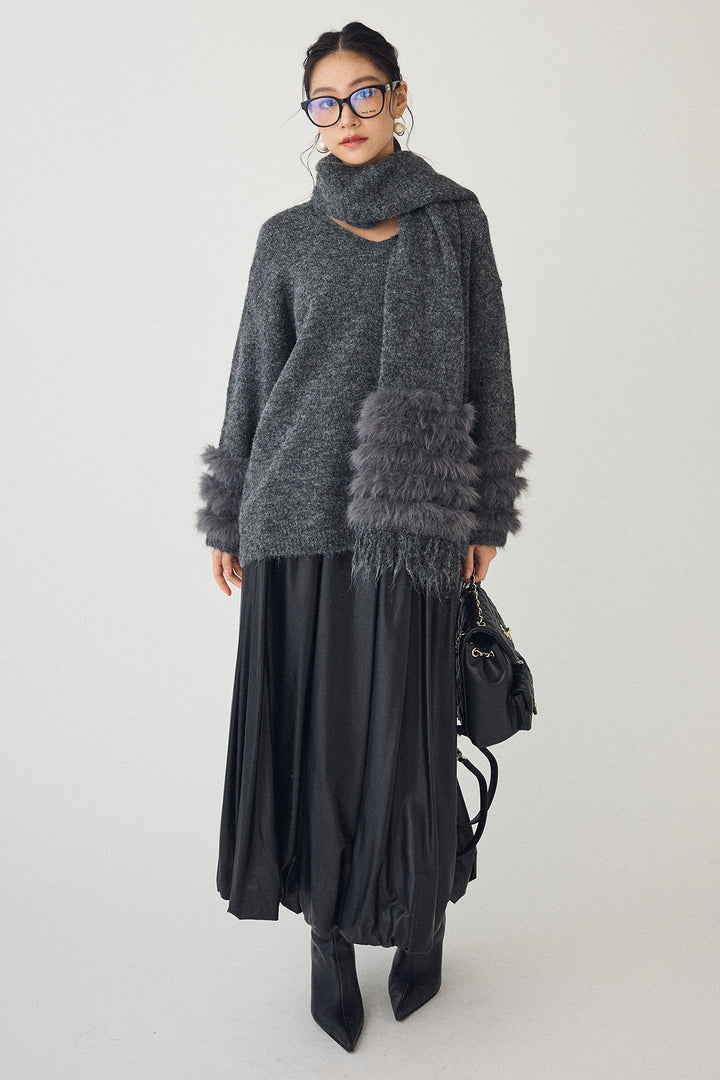 [予約/SET]マフラー付きファーラインデザインニットカーデ+レザーライクバルーンスカート(2set)