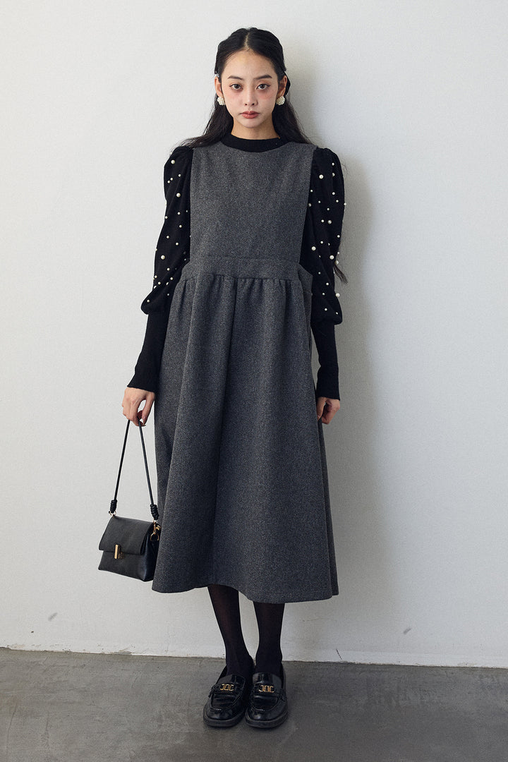 [予約/SET]パフスリーブランダムパールニット+バックリボンボックスシルエットジャンスカ(2set)