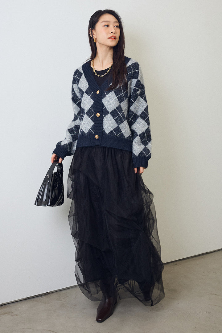 [予約/SET]アーガイル柄ゴールドボタンニットカーデ+マルチパターンタックチュールスカート(2set)