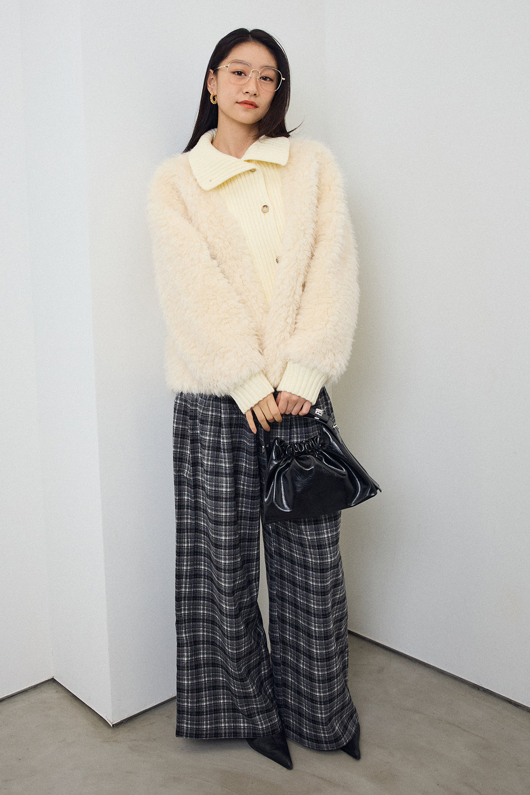 [予約/SET]シャギーファー×リブニットミックスジャケット+ハイウエストチェックセミワイドパンツ(2set)