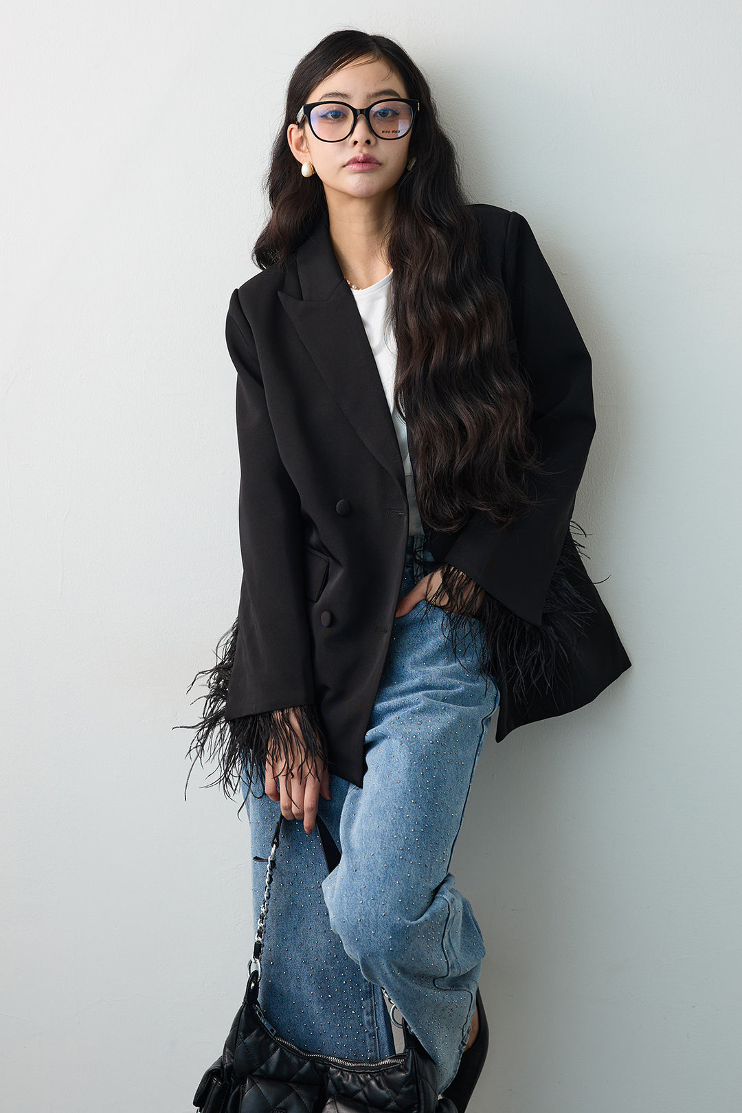 [予約/SET]エアリーファザーレディライクジャケット+ラインストーンストレートデニム(2set)