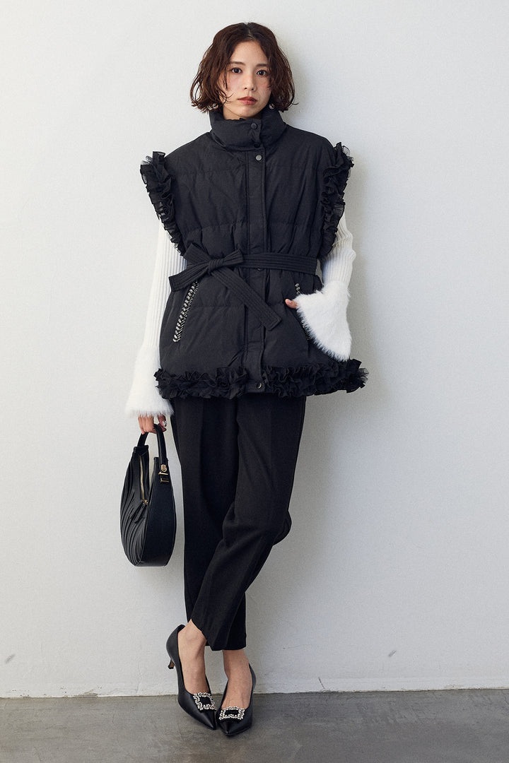 [予約/SET]フェザー切替スリーブフレアニット+フリルチュールスリーブ美ラインベスト(2set)