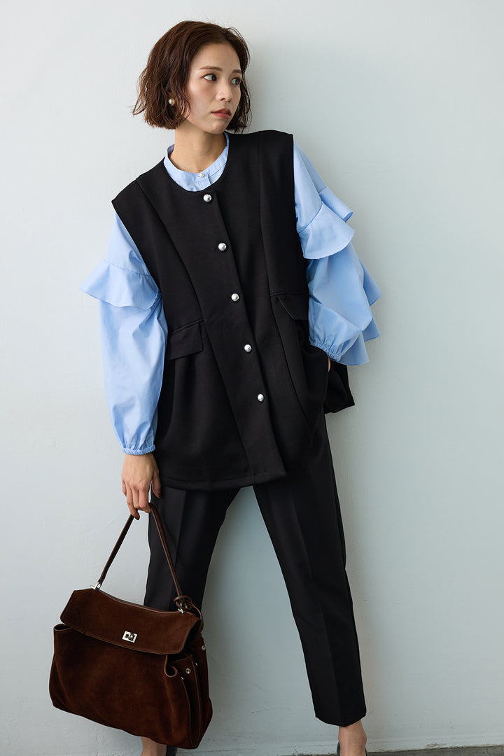 [予約/SET]ティアードフリルスリーブパールボタンブラウス+ペプラムラインシルバーボタンジレ(2set)