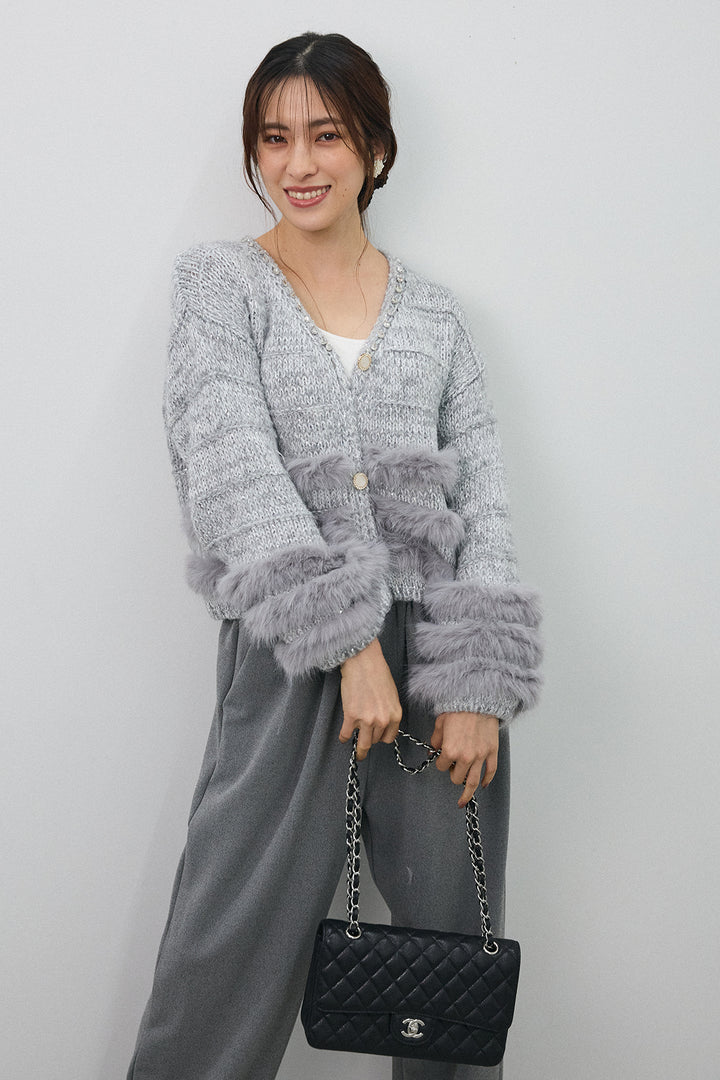 [予約/SET]ネックビジューラインファーニットカーデ+2タック美シルエットパンツ(2set)