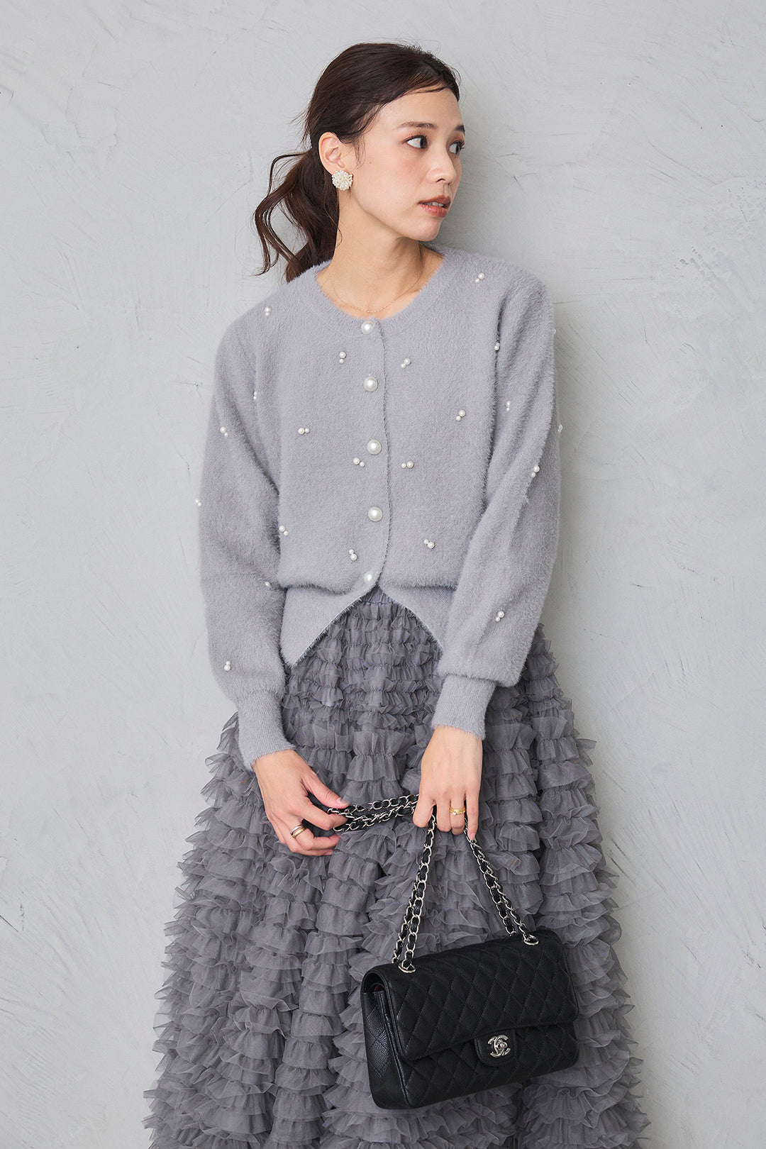 [予約/SET]ミックスパールシャギーコーディガン+ホイップチュールティアードスカート(2set)
