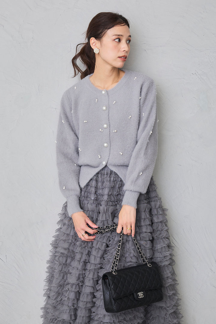 [予約/SET]ミックスパールシャギーコーディガン+ホイップチュールティアードスカート(2set)