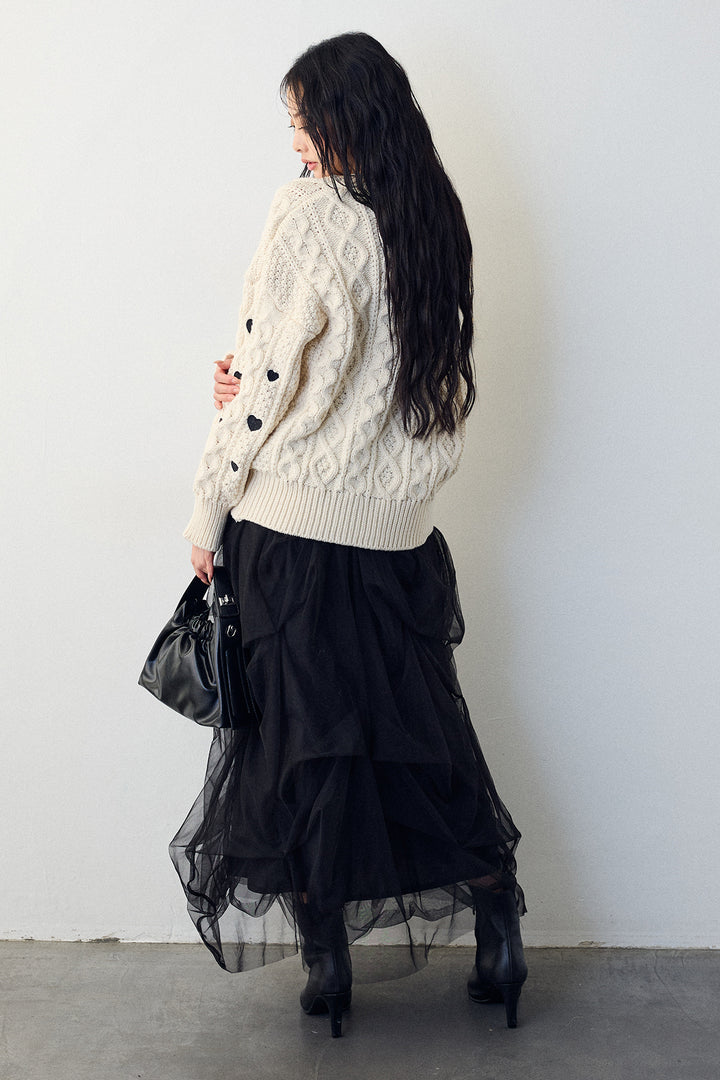 [予約/SET]ハート刺繍ケーブルデザインニット+マルチパターンタックチュールスカート(2set)