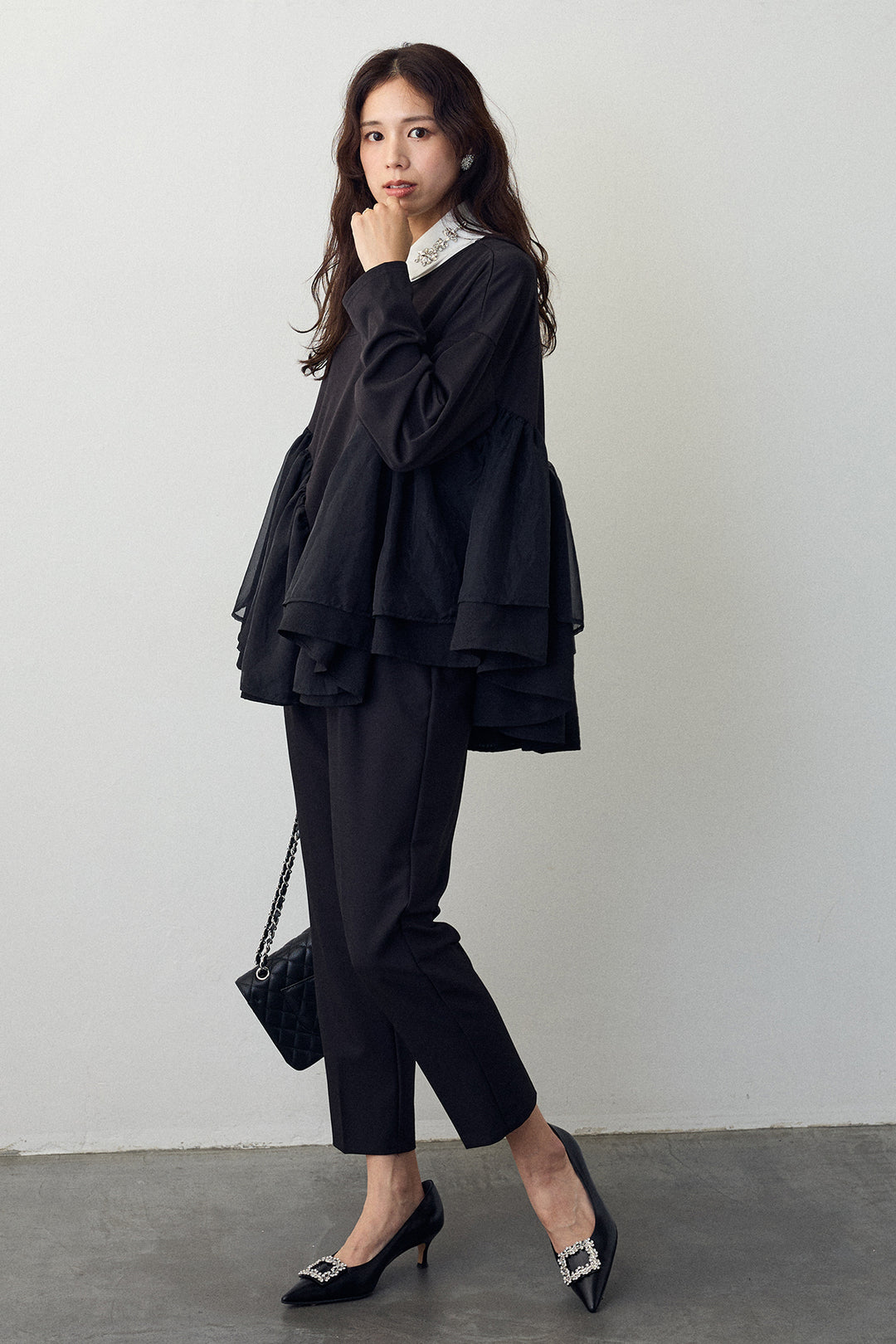 [予約/SET]ビジュー付け襟+フリルテール異素材切替チュニック(2set)