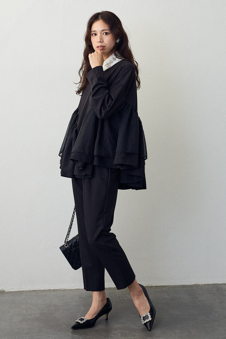 [予約/SET]ビジュー付け襟+フリルテール異素材切替チュニック(2set)