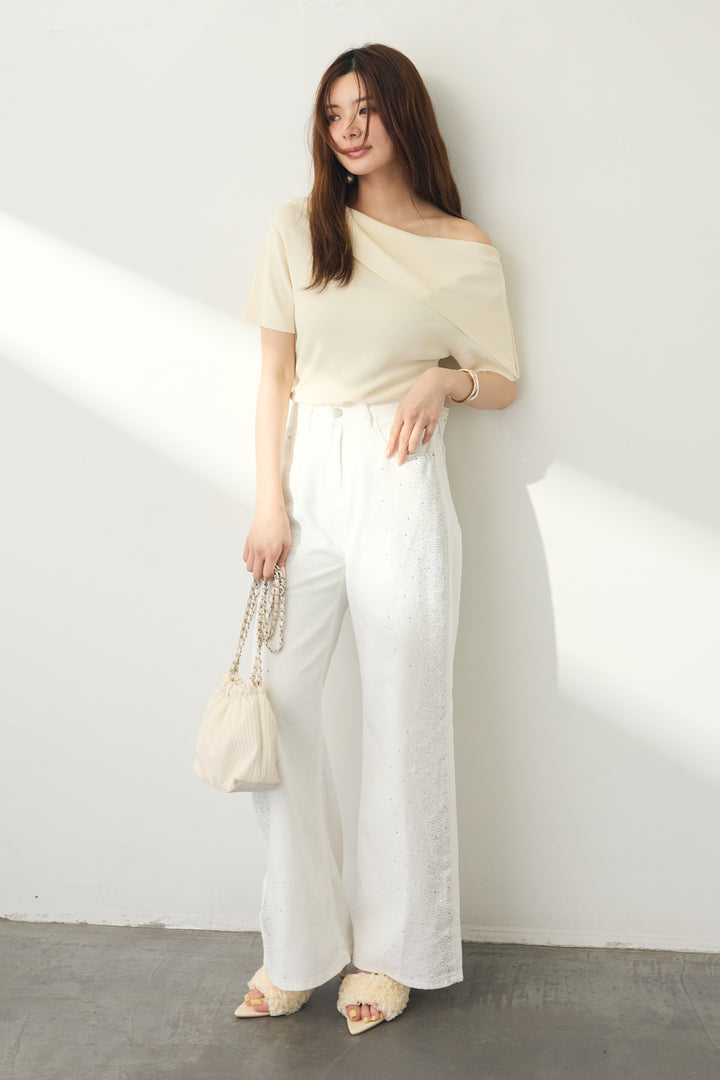 [予約/SET]ショルダーウェイオフショルニット+2wayリボンストーンデニムパンツ(2set)