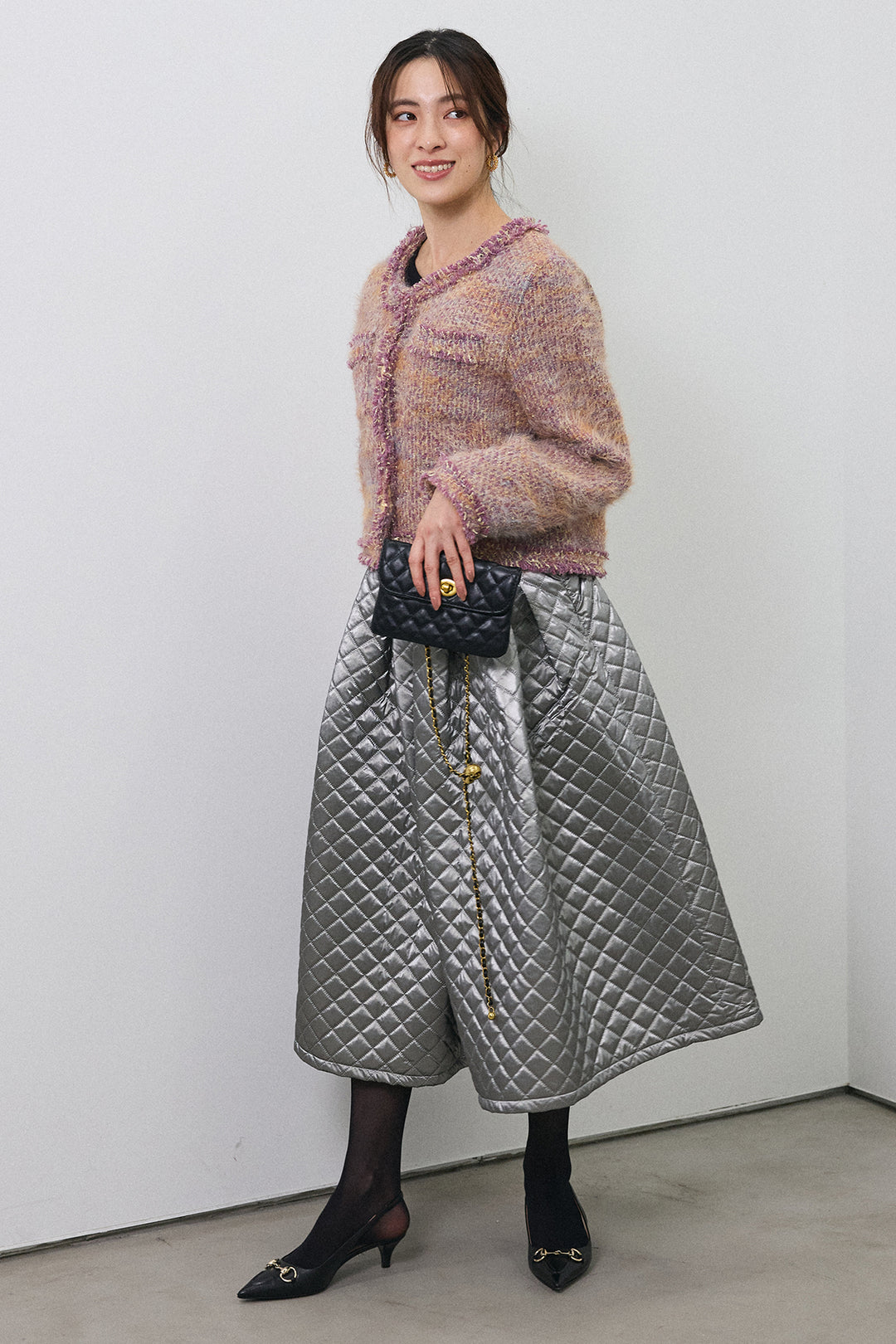 [予約/SET]カラーミックスツイードジャケット+メタリックキルティングフレアスカート(2set)