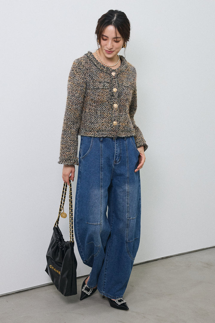 [予約/SET]カラーミックスツイードジャケット+ステッチ美ラインカーブデニムパンツ(2set)