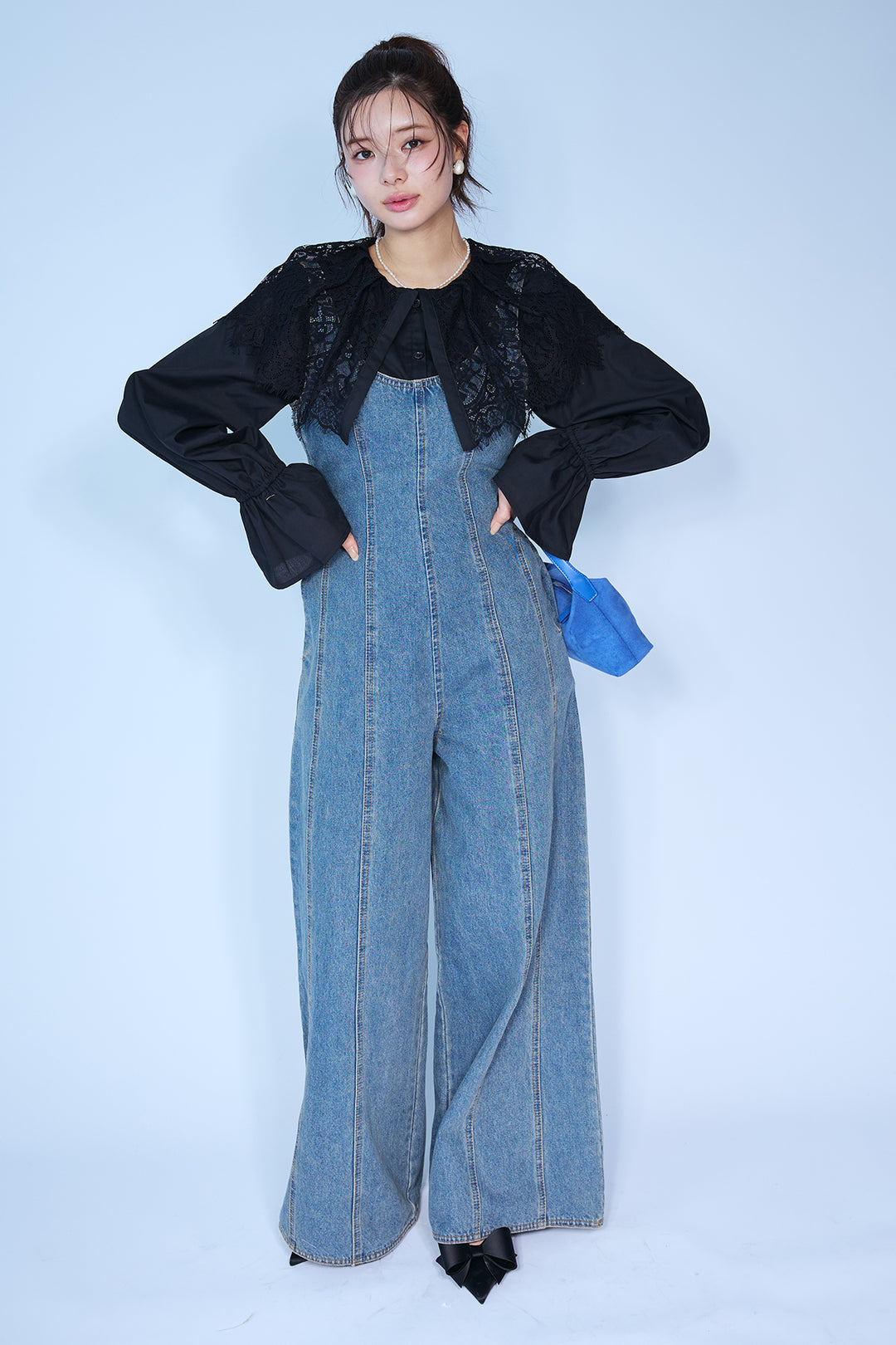 [予約/SET]繊細レースカラーキャンディースリーブブラウス+美ラインデニムサロペット(2set)