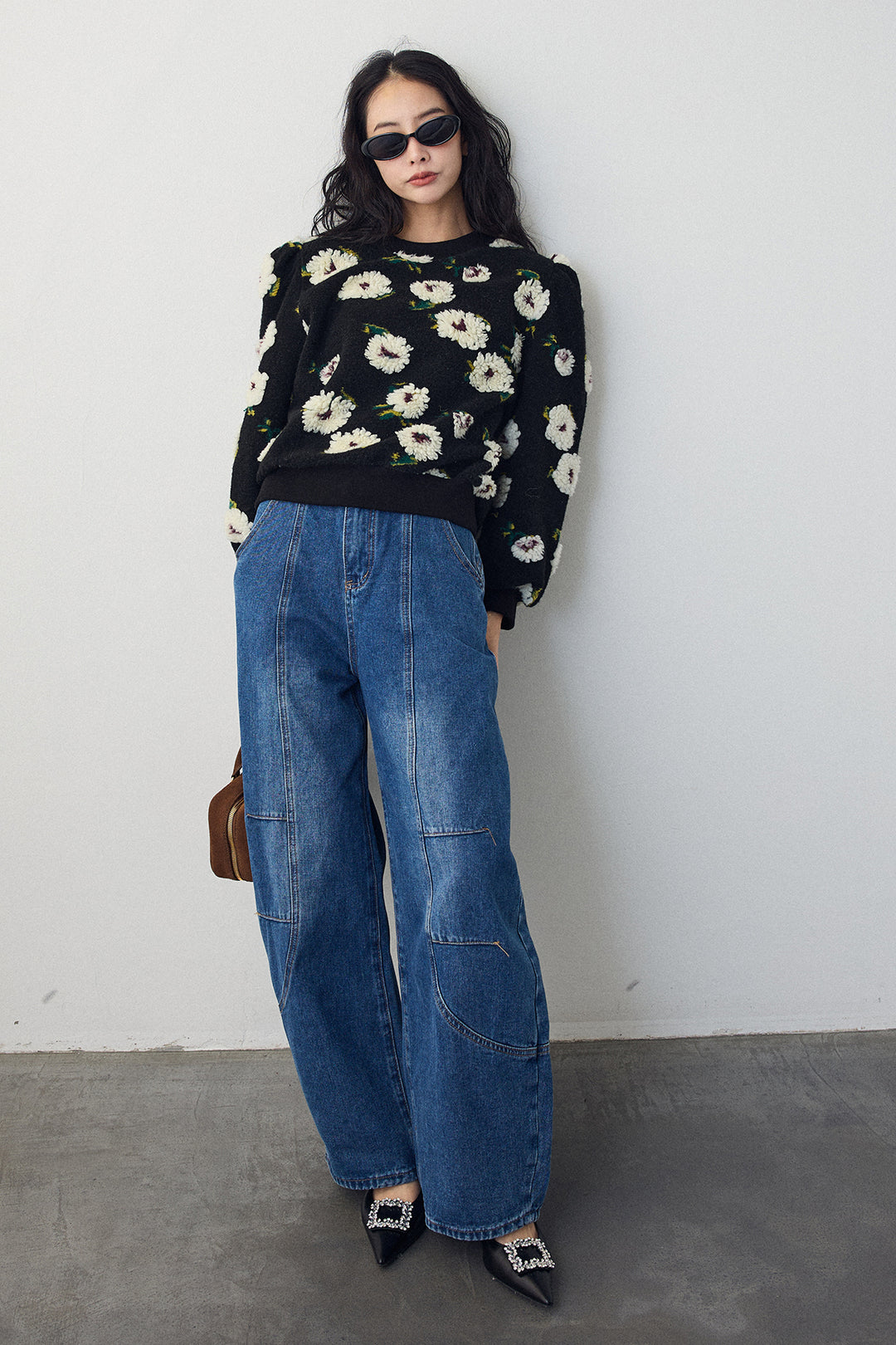 [予約/SET]ボアフラワーモチーフニット+ステッチ美ラインカーブデニムパンツ(2set)