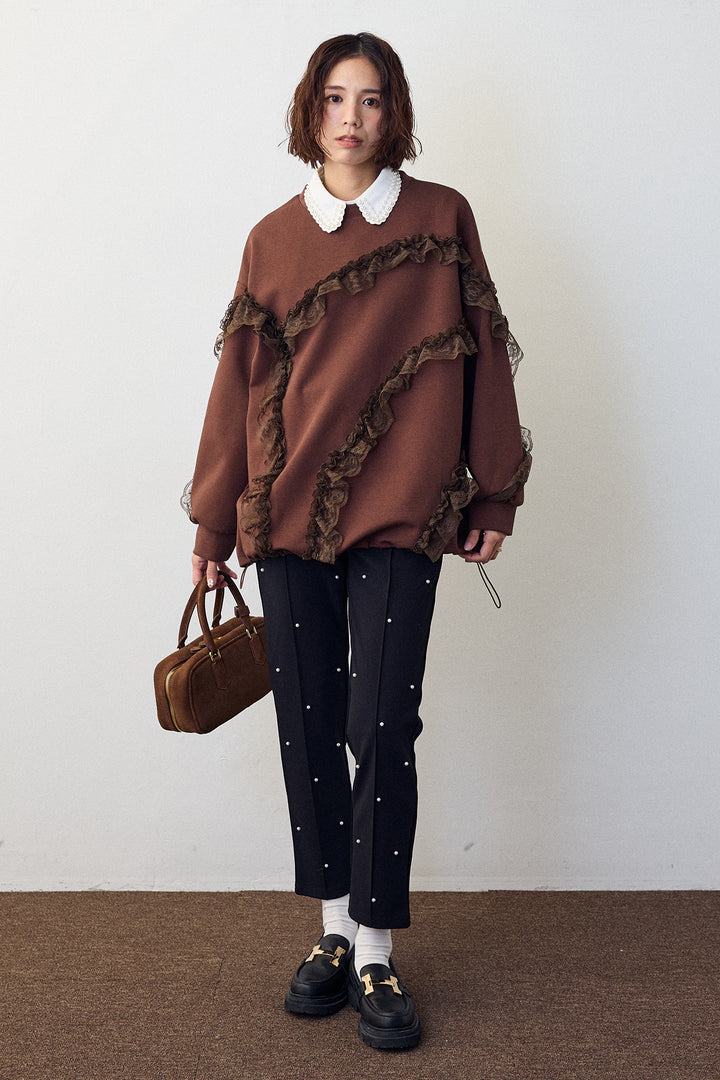 [予約/SET]レースフリルランダムラインスウェット+センターシームランダムパールパンツ(2set)