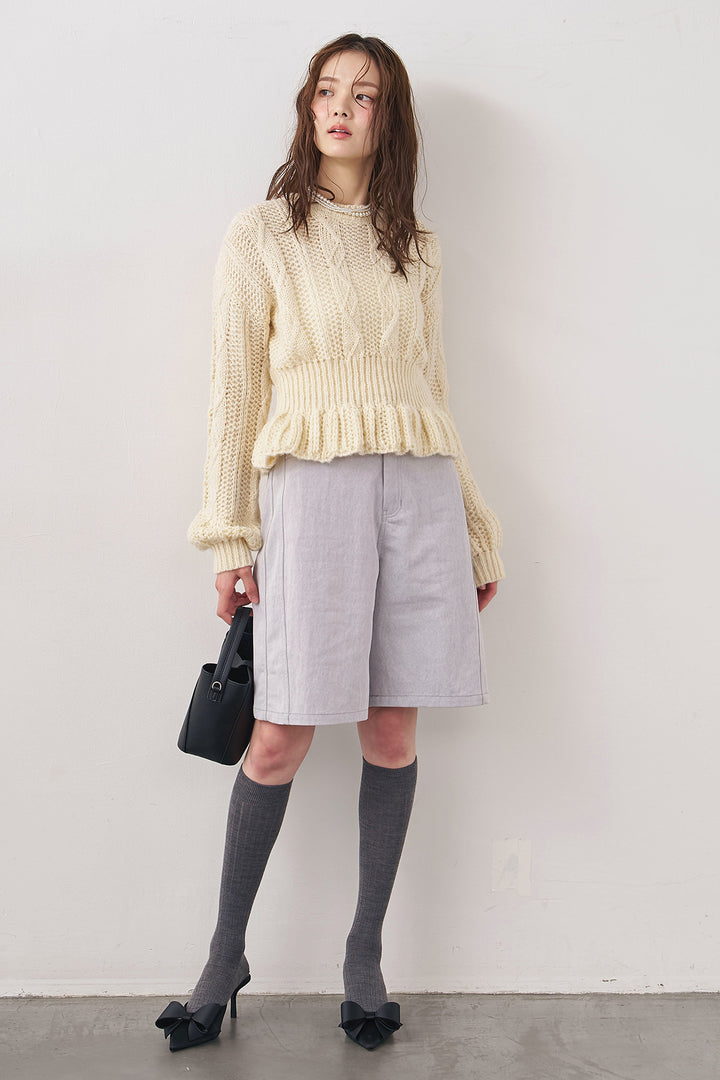 [予約/SET]ケーブル編ミニペプラムニット+デニムベーシックハーフパンツ(2set)