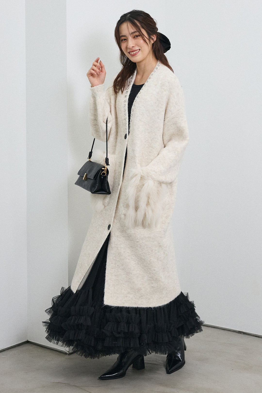 [予約/SET]ファーポケットロングニットカーデ+スウィートチュールフリルスカート(2set)