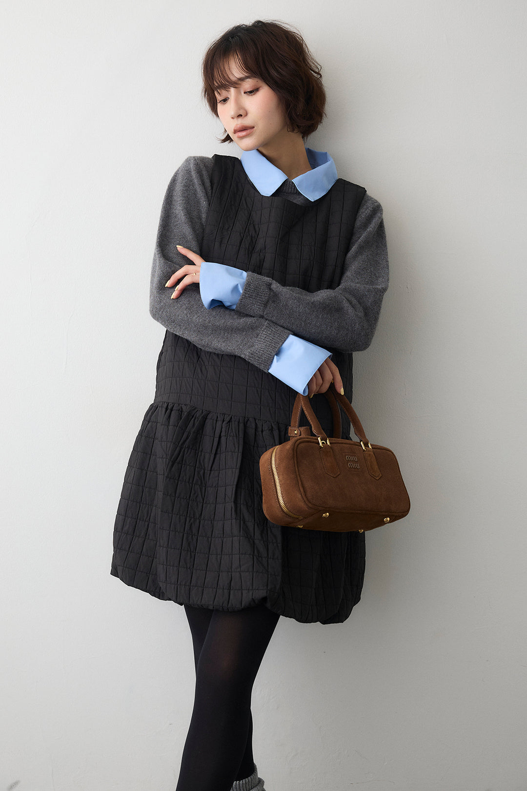 [予約/SET]シャツレイヤードニットプルオーバー+キルティングデザインミニジャンスカ(2set)