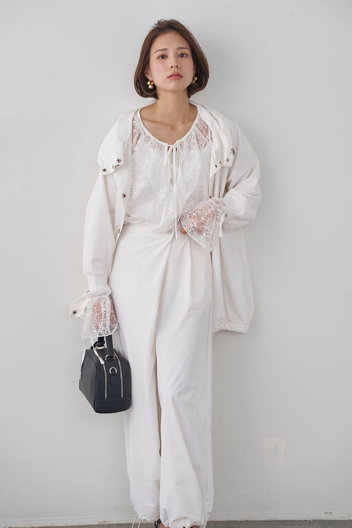 [予約/SET]ミニフリル繊細レースブラウス+撥水スタンドカラー2wayドロストブルゾン+撥水ドロストヘム2wayパンツ(3set)