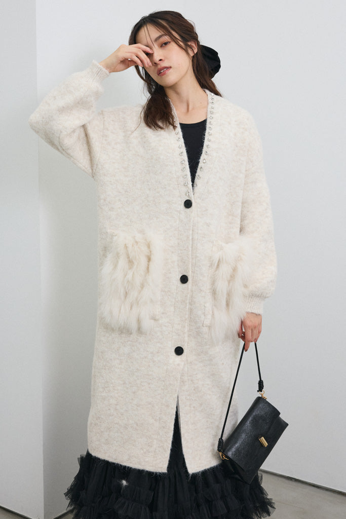 [予約]ファーポケットロングニットカーデ