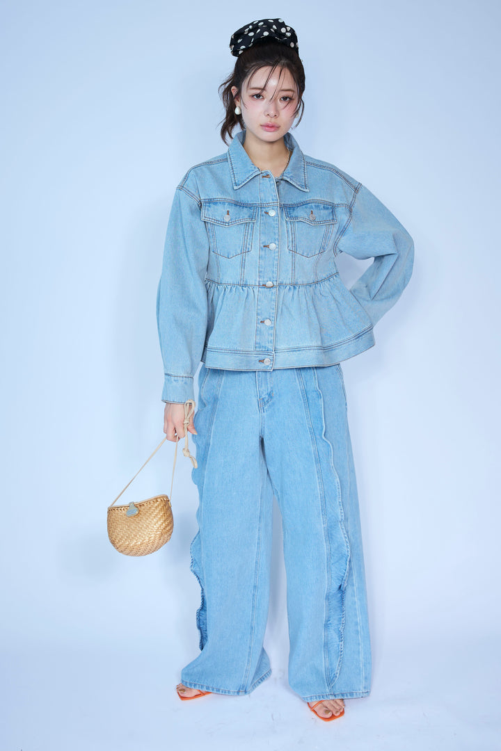 [予約/SET]ペプラムデニムジャケット+フリルウェーブデニムパンツ(2set)