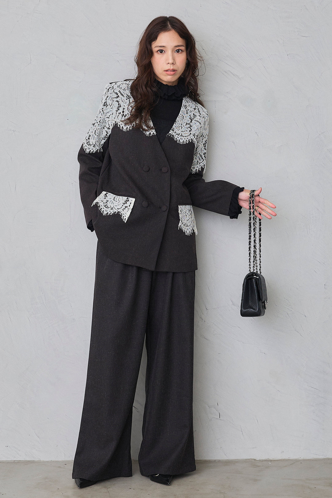 [予約/SET]ショルダーレースデザインジャケット+ライトツイードタックパンツ(2set)