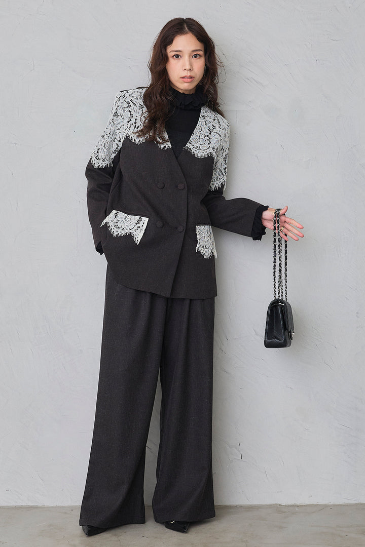 [予約/SET]ショルダーレースデザインジャケット+ライトツイードタックパンツ(2set)