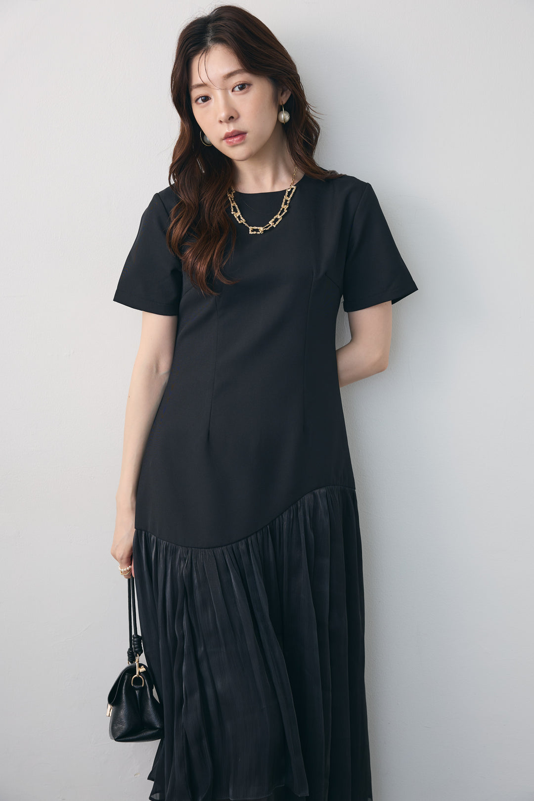 [予約]シフォン切替ハーフスリーブワンピース