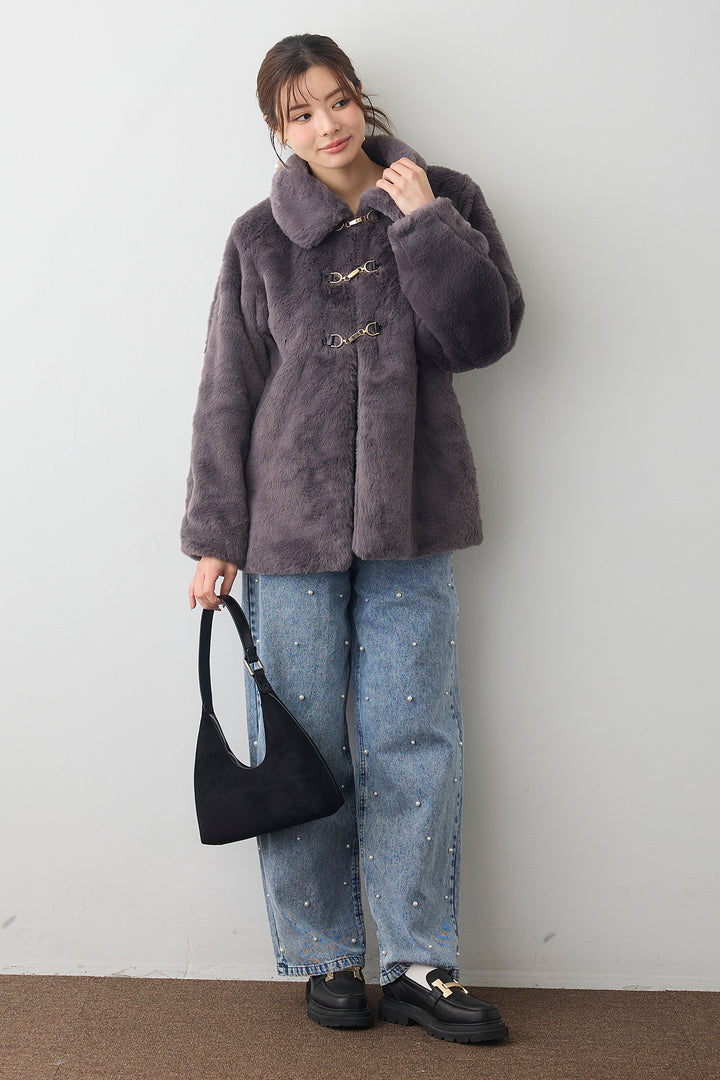 [予約/SET]ビット付きフェイクファーコート+パールスタッズストレートハイウエストデニム(2set)