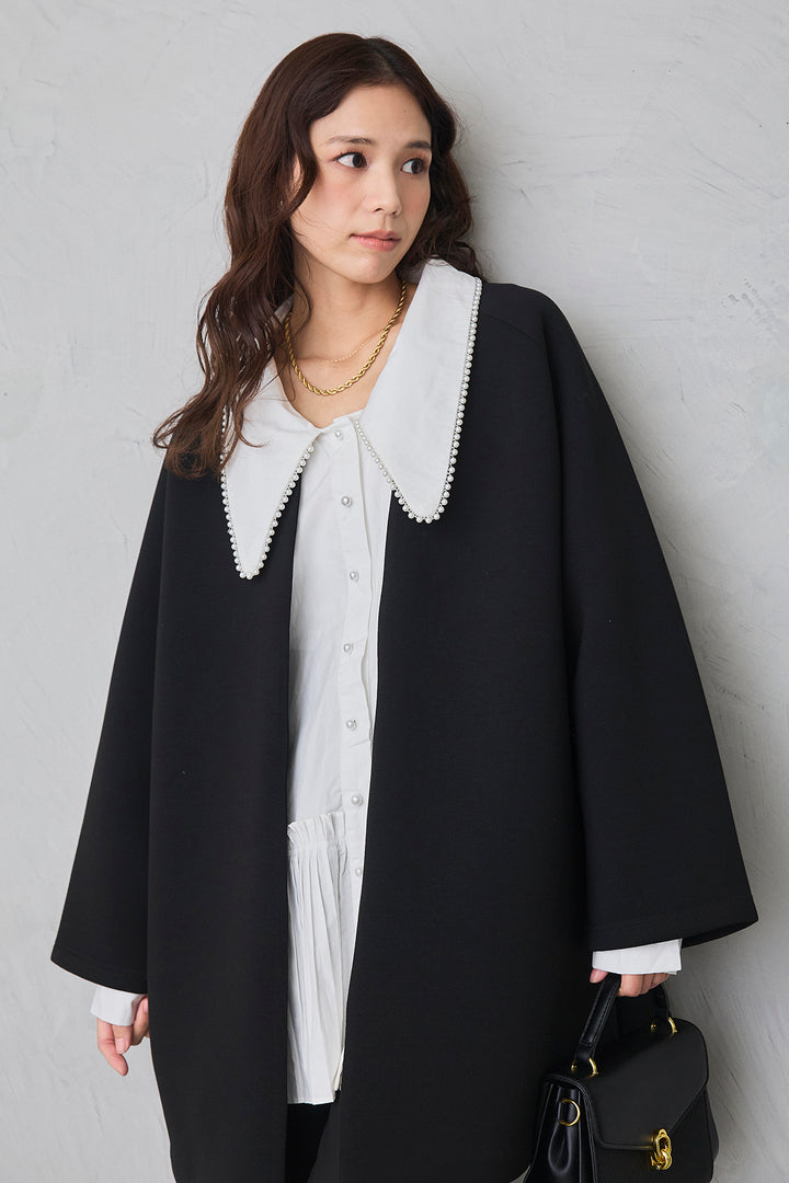 [予約/SET]パールライン襟×プリーツシャツ+ポケットパール付きダンボールコート+タックテーパードパンツ(3set)
